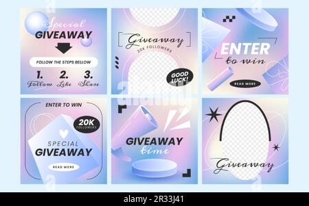 Vorlage für trendige Poster oder Banner zum Verschenken. Design von Geschichten aus sozialen Medien. Set mit Puzzle-Geschenkset nach der Sammlung für die Vektordarstellung der Gewinnerankündigung. Modellkarten für Werbung mit Bilderrahmen. Stock Vektor