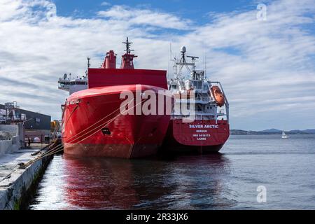 Fracht-/Containerschiff Mary Arctica und Reefer Silver Arctic am Kai in Laksevaag im Hafen Bergen, Norwegen. Stockfoto