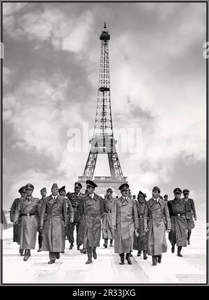 ADOLF HITLER PARIS 1940 EIFFEL TOWER BESETZUNG PROPAGANDA Zweiten Weltkrieg 1939-45 nach der Besetzung Frankreichs durch die deutsche Nazi-Wehrmacht im Juni 1940 besucht Adolf Hitler Paris. Adolf Hitler mit führenden Nazi-Militärs nach dem Besuch des Eiffelturms. Von links nach rechts: SS-Gruppenführer Wolff, dahinter Generalfeldmarschall Wilhelm Keitel, SA-Gruppenführer Wilhelm Brückner, Reichsminister Albert Speer, Adolf Hitler, dahinter Reichsminister Martin Bormann, Reichspressechef Otto Dietrich. Foto von Heinrich Hoffmann Stockfoto