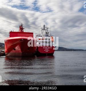 Fracht-/Containerschiff Mary Arctica und Reefer Silver Arctic am Kai in Laksevaag im Hafen Bergen, Norwegen. Stockfoto