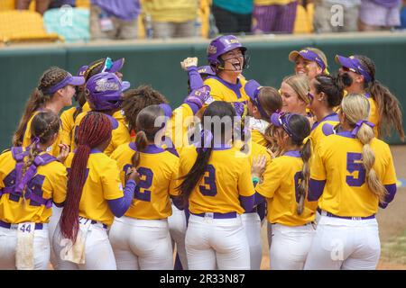 Baton Rouge, LA, USA. 21. Mai 2023. Das LSU-Team feiert die Heimspiele, nachdem Karli Petty (14) während der NCAA Regional Softball-Action zwischen der University of Louisiana in Lafayette Ragin' Cajuns und den LSU Tigers im Tiger Park in Baton Rouge, LA, einen Home Run gefahren hat. Jonathan Mailhes/CSM/Alamy Live News Stockfoto