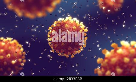 Antwort des Immunsystems - Antikörper (Immunglobulin), die das Coronavirus angreifen und neutralisieren. Coronavirus (SARS-COV-2)-Partikel Stockfoto