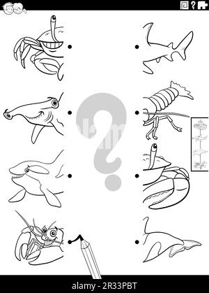 Schwarz-weißer Cartoon mit einem pädagogischen Spiel, in dem die Bildhälften mit den Figuren der lustigen Meerestiere übereinstimmen Stock Vektor