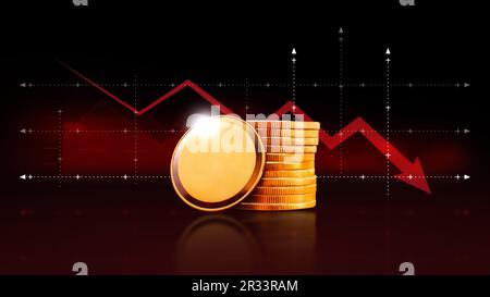 Leere Goldmünzen und rote Pfeile nach unten, Währungskrise und Grafik auf dunklem Hintergrund, Finanzkrisenkonzept. 3D-Rendering Stockfoto