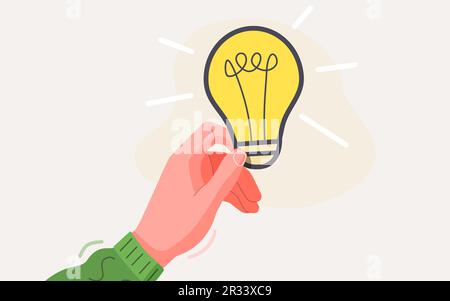 Die Hand hält eine Glühbirne. Idee und Kreativitätskonzept. Moderner flacher Stil. Isoliert auf weißem Hintergrund. Vektordarstellung Stock Vektor