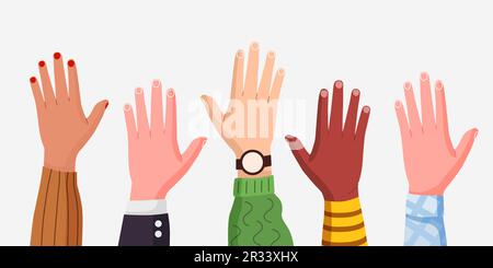 Multiethnische männliche und weibliche Hände hoch. Konzept der internationalen Freiwilligengemeinschaft. Moderner flacher Stil. Isoliert auf weißem Hintergrund. Vektordarstellung Stock Vektor