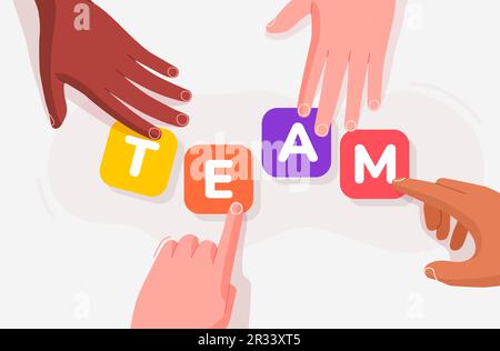 Multiethnische Geschäftsteams arbeiten zusammen und erstellen ein Teamwort. Teamkonzept. Moderner flacher Stil. Isoliert auf weißem Hintergrund. Vektordarstellung Stock Vektor