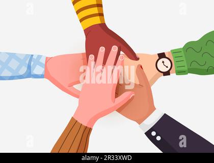 Multiethnische Hände sind zusammengefaltet. Freundschafts-, Einigungs- und Kooperationskonzept. Moderner flacher Stil. Isoliert auf weißem Hintergrund. Vektordarstellung Stock Vektor
