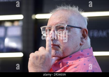 Zagreb, Kroatien. 22. Mai 2023. Argentinischer Psychotherapeut, Psychodramatiker und Schriftsteller Jorge Bucay spricht am 22. Mai 2023 in der Buchhandlung Fraktura in Zagreb, Kroatien. Foto: Igor Kralj/PIXSELL Kredit: Pixsell/Alamy Live News Stockfoto