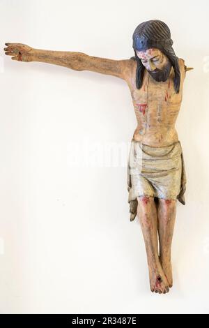 Sant Crist del Cor, Holzschnitzerei aus Gold und Polychrom, Anonimo, 11. Jahrhundert, Gemeindemuseum, Kirche Santa Maria la Major, Inka, Mallorca, balearen, Spanien. Stockfoto