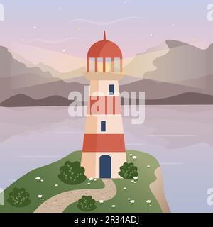 Der rote Leuchtturm bei Sonnenuntergang leuchtet am Abend auf einem Felsen im Meer Stock Vektor
