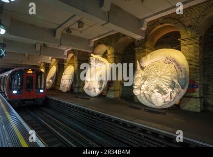 Bahnhof Gloucester Road, London, Großbritannien. 22. Mai 2023. Skulptureninstallationen, „Pond Life: Albertopolis and the Lily“, 2023 auf der stillgelegten Plattform in Richtung Osten an der U-Bahn-Station Gloucester Road vom Künstler Monster Chetwynd mit Bildern, die von der lokalen Geschichte inspiriert wurden. Kredit: Malcolm Park/Alamy Live News Stockfoto