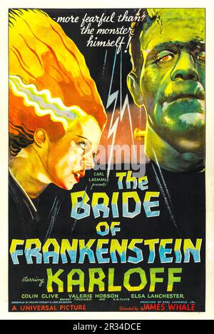 DIE BRAUT FRANKENSTEINS Vintage 1935 Film Poster Bride of Frankenstein ist ein amerikanischer Science-Fiction-Horrorfilm aus dem Jahr 1935 und die erste Fortsetzung des Spiels Frankenstein von Universal Pictures aus dem Jahr 1931. Wie im ersten Film wurde die Braut Frankensteins von James Whale geleitet, in dem Boris Karloff als Monster und Colin Clive als Dr. Frankenstein spielte. Mit Boris Karloff Colin Clive Valerie Hobson Elsa Lanchester Ernest Thesiger E. E. Clive Oliver Peters Heggie Stockfoto