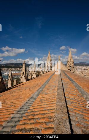 Pinaculos y imagen de la Virgen Maria sobre la fachada Principal, Catedral de Mallorca, siglo XIII, Monumento histórico - artístico, Palma, Mallorca, Balearen, Spanien, Europa. Stockfoto