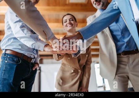 Nahaufnahme von jungen Kollegen, die sich an den Händen halten, Symbol für Teamarbeit und Zusammenarbeit. Stockfoto