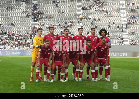 La Plata, Buenos Aires, Argentinien. 22. Mai 2023. Sport. Tunesisches Team bei der FIFA U-20 Fußball-Weltmeisterschaft Argentinien 2023 zwischen England und Tunesien im Stadium Unico Diego Armando Maradona in La Plata, Buenos Aires, Argentinien, am 22. Mai 2023 (Kreditbild: © Julieta Ferrario/ZUMA Press Wire) NUR REDAKTIONELLE VERWENDUNG! Nicht für den kommerziellen GEBRAUCH! Kredit: ZUMA Press, Inc./Alamy Live News Stockfoto