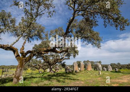 Cromlech Vale Maria do Meio, Nossa Senhora da Graça do Divor, Évora, Alentejo, Portugal. Stockfoto