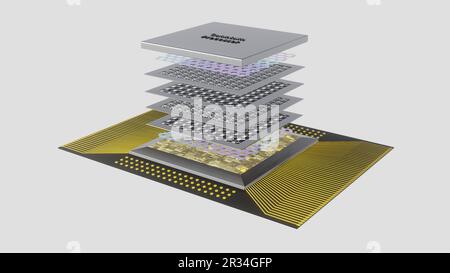 Quantenprozessorkonzept mit Quantenqubits Leiterplatten in Schichten, Verkabelung, Abdeckung, 3D-Rendering, eine Explosionsansicht, Isoliert auf weiß Stockfoto