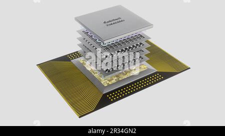 Quantenprozessorkonzept mit Quantenqubits Leiterplatten in Schichten, Verkabelung, Abdeckung, 3D-Rendering, eine Explosionsansicht, Isoliert auf weiß Stockfoto