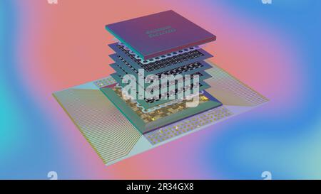 Quantenprozessorkonzept mit Quantenqubits-Leiterplatte aus supraleitendem Niob-Titan-Material, Sockel, Verkabelung, Kühlplatte und Abdeckung Stockfoto