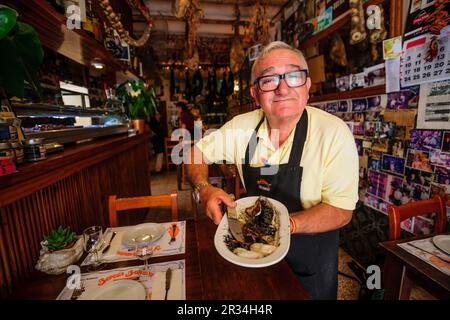 Calamar fresco en su Tinta, Plato tipico Mallorquinischen, Bodega kann Barahona, - können Manolo -, Ses Salines, Comarca de Migjorn, Mallorca, Balearen, Spanien. Stockfoto