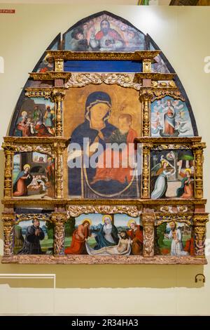 retablo de la Virgen de Pópolo, madera policromada, Museo Diocesano de Salamanca, Catedral Vieja, Salamanca, comunidad Autónoma de Castilla y León, Spanien. Stockfoto