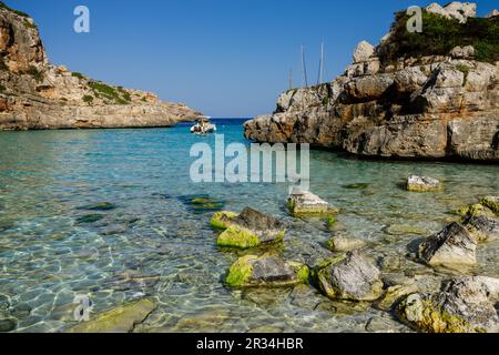 Yates fondeados, Cala Marmols, Ses Salines, Mallorca, Balearen, Spanien, Europa. Stockfoto