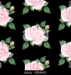 Wasserfarbenes, nahtloses Muster mit pinkfarbenen Rosenblumen. Botanische farbenfrohe Illustration auf schwarzem Hintergrund. Zum Einwickeln von Papier, Textil Stockfoto