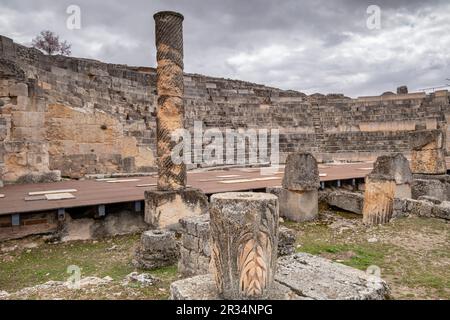 Teatro Romano, Parque arqueológico de Segóbriga, Saelices, Cuenca, Castilla-La Mancha, Spanien. Stockfoto