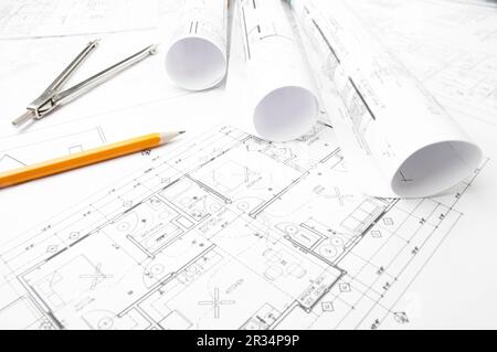 Bauplanungszeichnungen Stockfoto