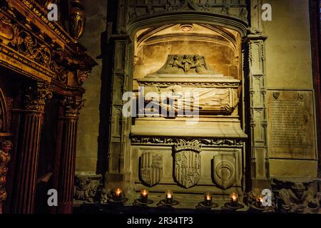 Grab des gesegneten Ramon Llull, von Guillem Sagrera, Kapelle unserer Lieben Frau des Trostes, Sant Francesc. 13. Jahrhundert. Palma, Mallorca. Balearen. Spanien. Stockfoto