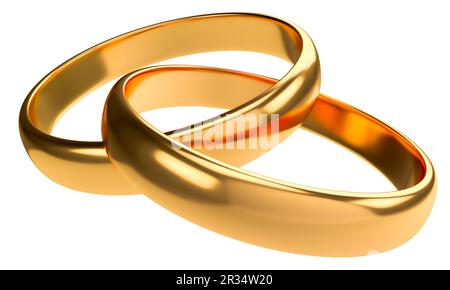 Abbildung von zwei goldenen Eheringen isoliert auf weißem Hintergrund. Einheitskonzepte Stockfoto