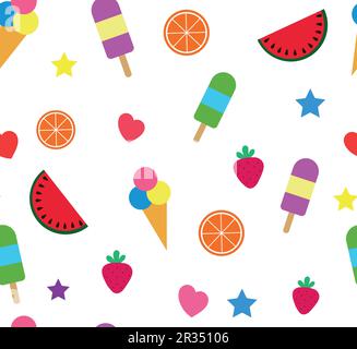 Farbenfrohes, nahtloses Sommermuster mit tropischen Früchten und Eiscreme auf weißem Hintergrund. Stock Vektor