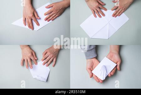 So machen Sie Papierumschläge zu Hause. Hände machen Umschlag. Schritt-für-Schritt-Anleitung. Stockfoto