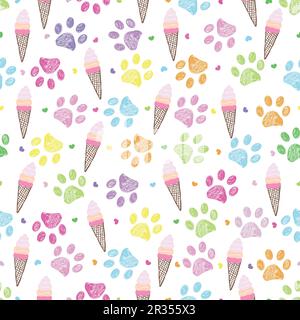 Farbenfrohe Pfotendrucke und Eiscreme Nahtloses Stoffdesign Pfotenmuster Stock Vektor