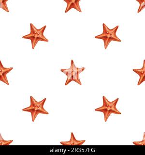 Wasserfarbenes nahtloses Muster mit Seesternen. Sie malen mit der Hand unter Wasser lebendige Objekte auf einem weißen, isolierten Hintergrund. Für Designer, Dekoration, po Stockfoto