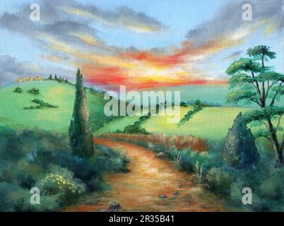 Imaginäre ländliche Landschaft im Sommer. Original Acrylgemälde auf Leinwand. Stockfoto