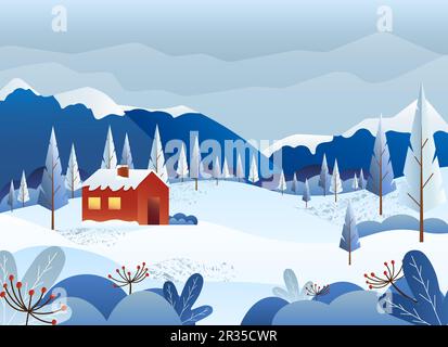 Winterlandschaft. Ländliches Haus im Hintergrund von Bergen, Schnee und Bäumen. Stock Vektor