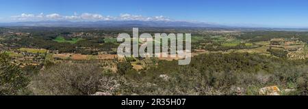 Blick von Sierra de Galdent, Llucmajor, Mallorca, Balearen, Spanien. Stockfoto