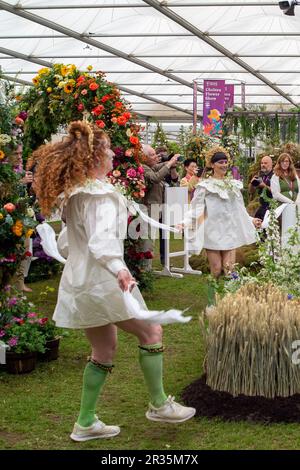Chelsea, London, Großbritannien. 22. Mai 2023. Die weibliche morris-Seite, Boss morris, tritt mit lebendiger Geige und englischer Konzertina als Ode an die lebendige englische Tradition des morris-Tanzes auf, wobei das Thema der Thistle by Nature-Ausstellung die alte britische Landschaft feiert. Kredit: Maureen McLean/Alamy Live News Stockfoto