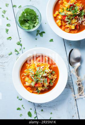 Mulligatawny Suppe, garniert mit frischem Koriander Stockfoto