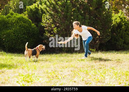 Mädchen spielt mit einem Hund auf dem Hof Stockfoto