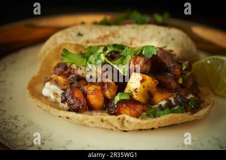 Ein Taco gefüllt mit Schweinebauch, gegrilltem Obst und Koriander Stockfoto