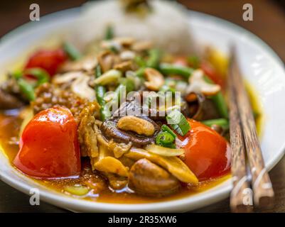 Hühnchen mit Pilzen, Kaschu-Nüssen, Tomaten, Bohnen und einer Reisseite (Asien) Stockfoto