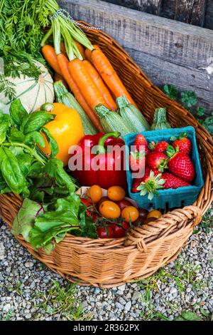 Ein Korb mit frischem Gemüse, Beeren und Kräutern Stockfoto