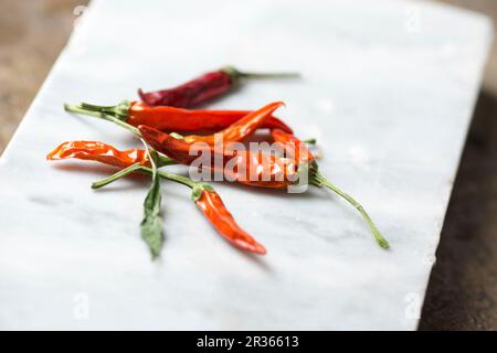 Rote Chili-Paprika auf einer weißen Platte Stockfoto