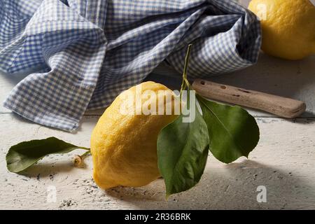 Eine frische Zitrone mit einem Blatt Stockfoto