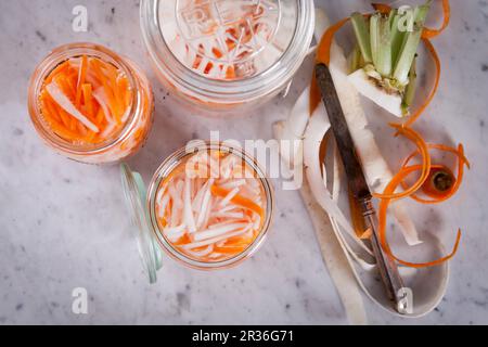 Süß-sauer konserviert Radieschen und Karotten Stockfoto