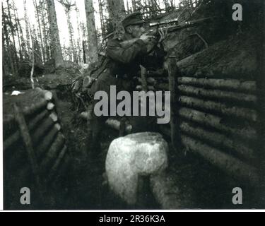 World war Two B&W Foto Ein deutscher Bergtruppen Sniper feuert aus einem Graben in den Wäldern von Nordrussland Stockfoto