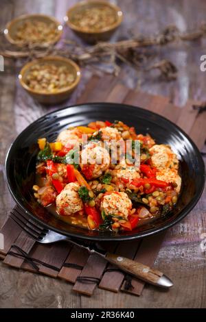 Fleischbällchen mit Linsen und Paprika Stockfoto